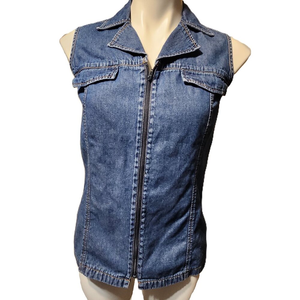 ❤️ 4/$20 Austin Clothing Co. denim vest Women's XS ZIp-up sleeveless Blue cotton